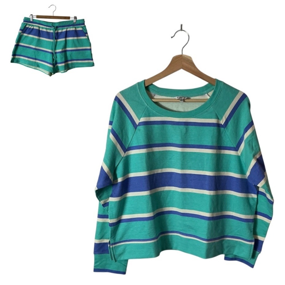 Wildfox Large Cotton Striped Top And Shorts Set Blue Ultrasoft Relaxed Comfort - Picture 1 of 14